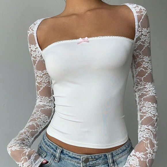White Casual Women's Lace T-Shirt - Picture 3 of 6